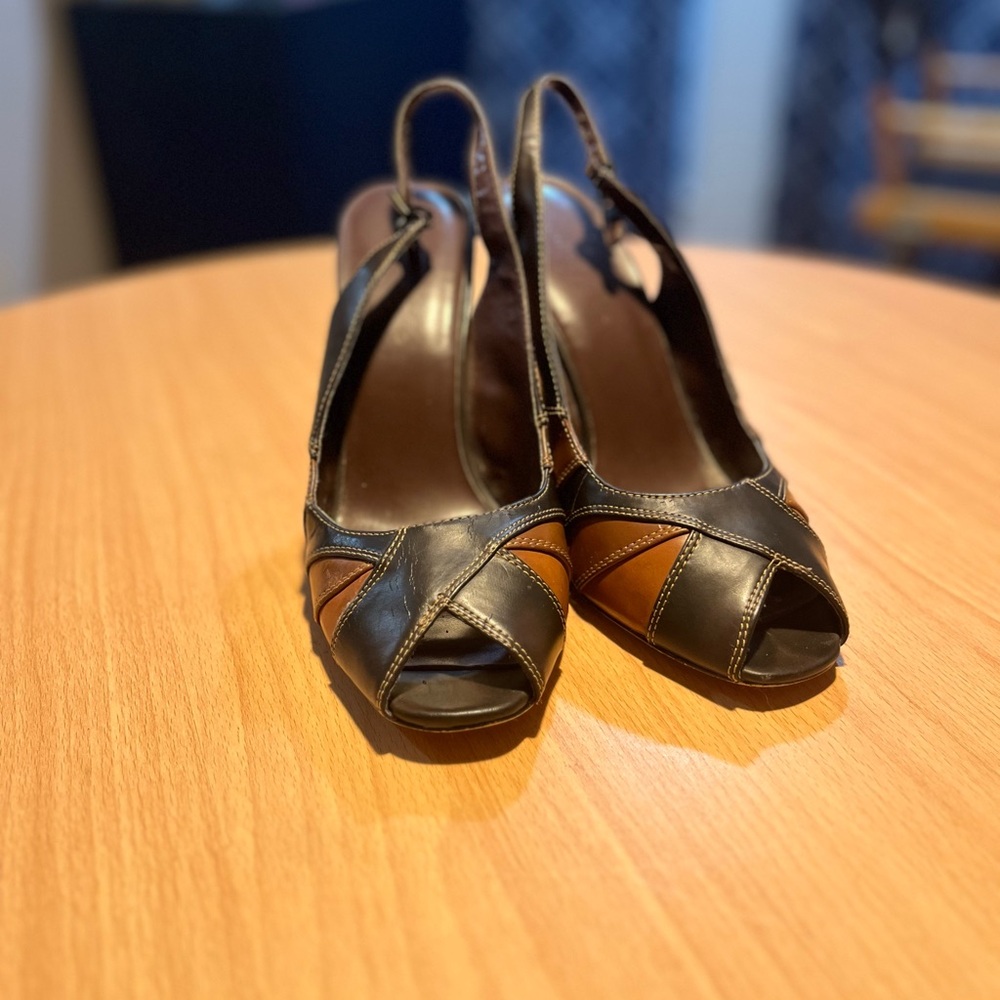 Apostrophe Brown and Camel Peep-Toe Pumps